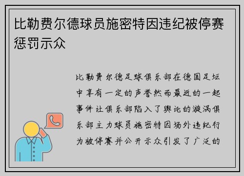 比勒费尔德球员施密特因违纪被停赛惩罚示众